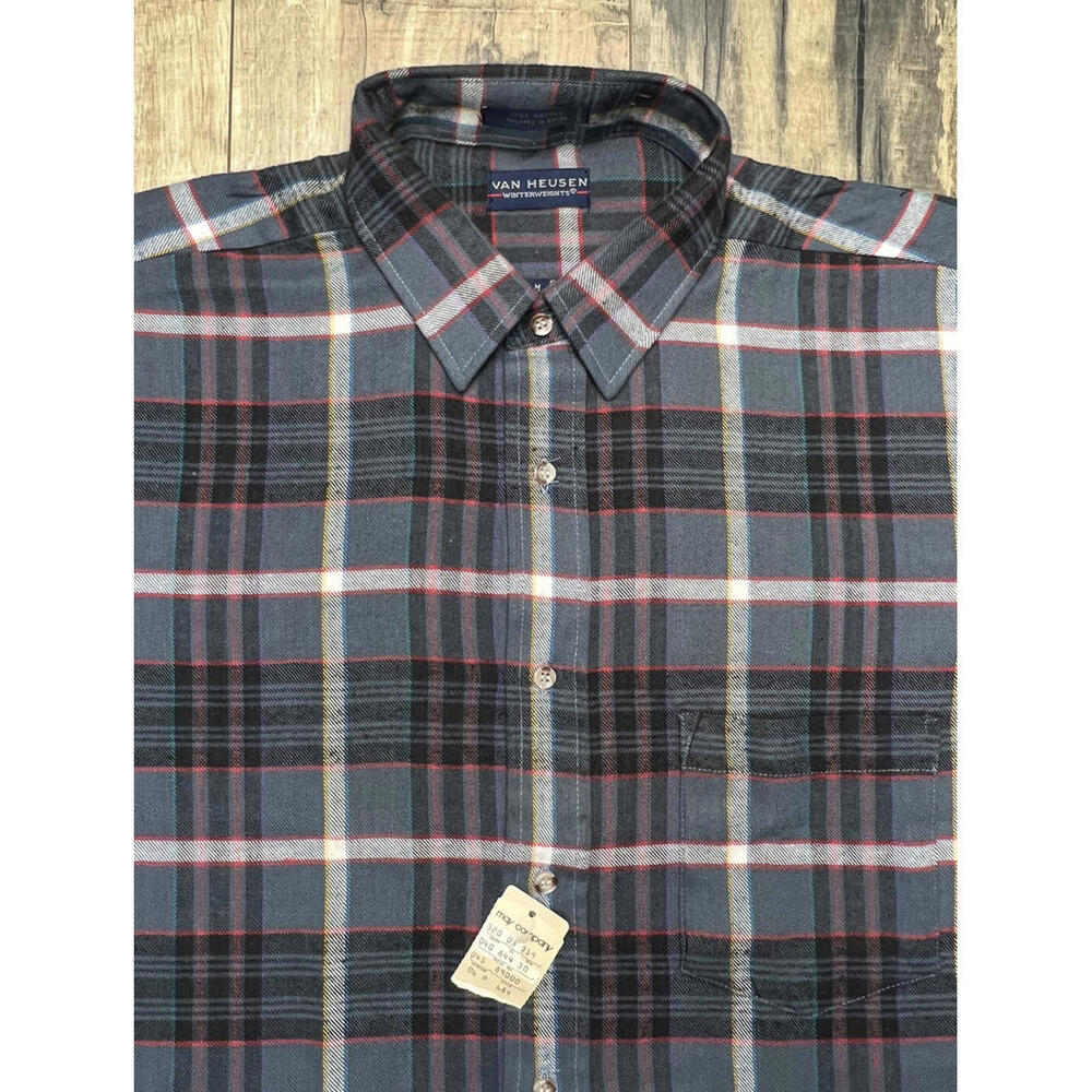 Vintage 90s Van Heusen Winterweights Mens Cotton Plaid Flannel Medium NOS NWT.